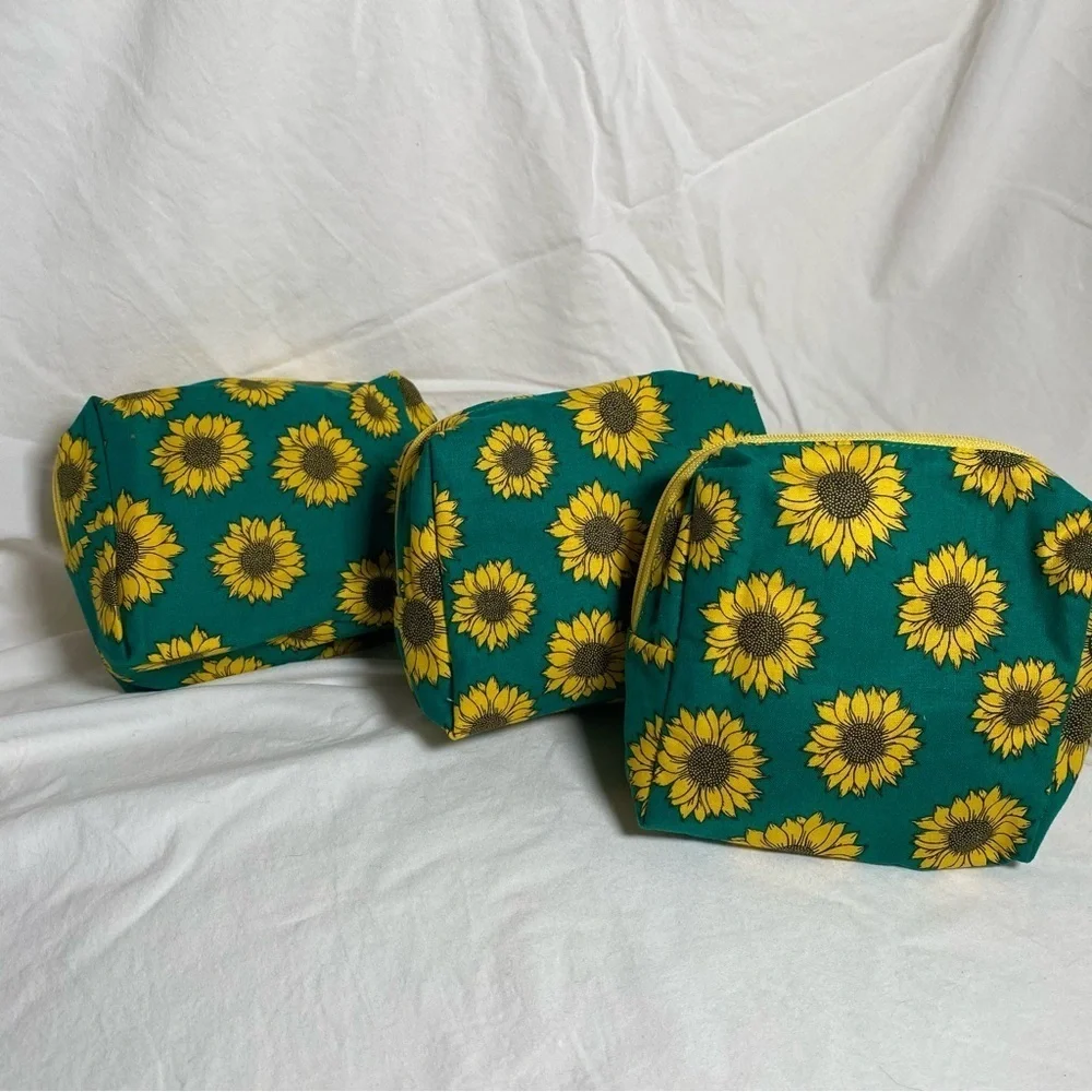 Set of 3 Sunflower Print Accessories Bags Handmade by Tai Crafts
